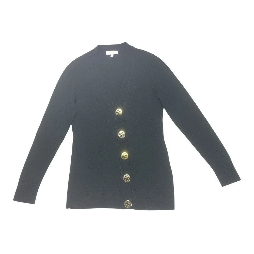 Tory Burch Simone Black Merino Wool Cardigan Sweater Gold Logo Buttons M